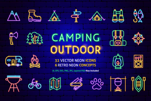 Camping Outdoor Neon Graphics: A Vibrant Icon Set for Handmade Projects