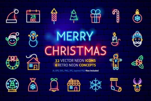Christmas Neon Graphics: A Festive Icon Set for Digital Sellers