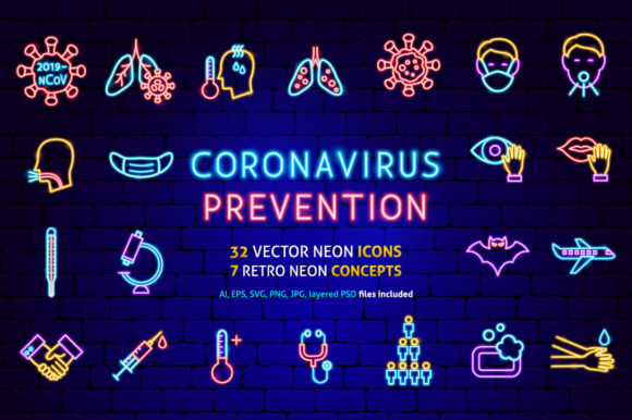 Coronavirus Neon Graphics: A Retro-Style Icon Set for Bold Handmade Creations