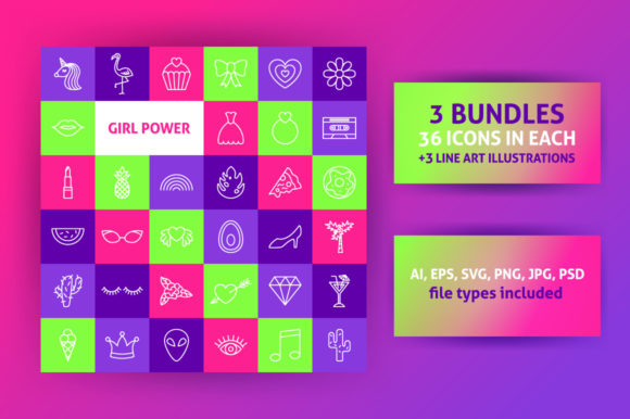 Girl Power Line Art Icons: A Graphic Design Asset for Trendy Handmade Projects