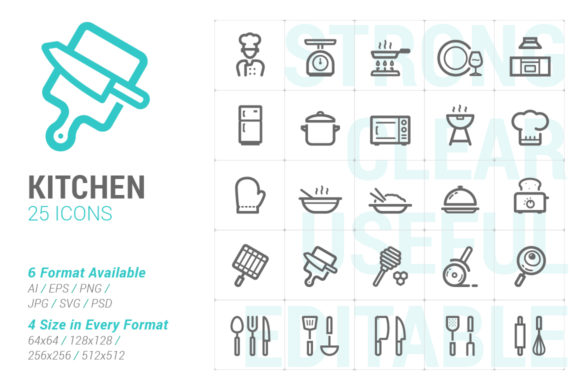 Kitchenware and Utensil Strong Line Icon Review for Embroidery Projects