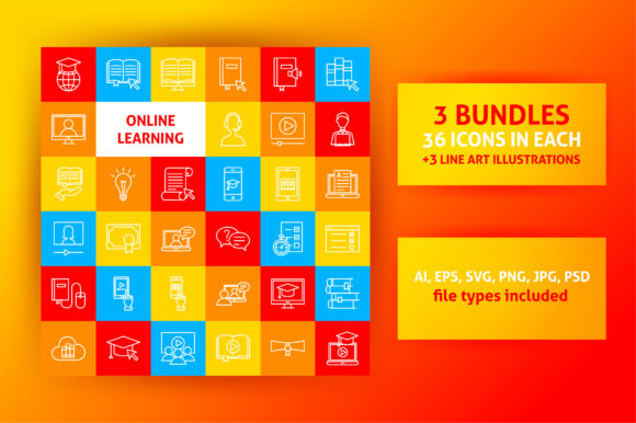 Online Learning Line Art Icons: A Versatile Graphic Design Asset for Modern Branding