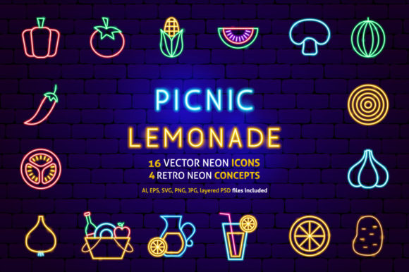Vegetables Picnic Neon Graphics: A Playful Icon Set for Handmade Creations