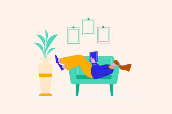 Woman Reading a Book on Sofa Vector: A Modern Design Asset for Creative Marketers